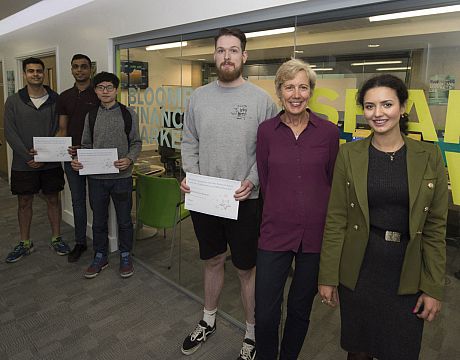 Seth Marks (President, Sussex Trading Society), Ali Walji, Paul Chen, William Jobson Pargeter, Sue Newell (Head of Department, Business and Management) and Madina Tash (Director, Bloomberg Financial Markets Laboratory)