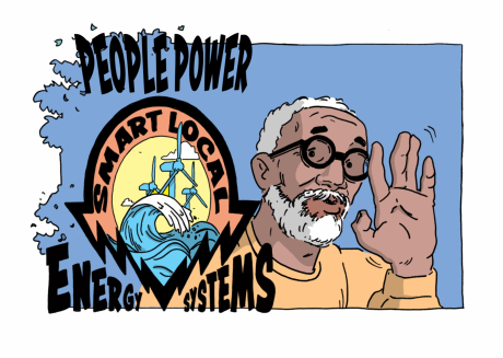 A smiling man waving under text saying "People Power Smart Local Energy Systems"