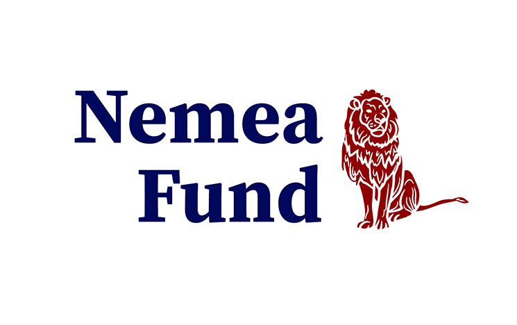Nemea Fund new logo Nov 2023, dark blue letters next to the image of a red lion facing the viewer sitting down