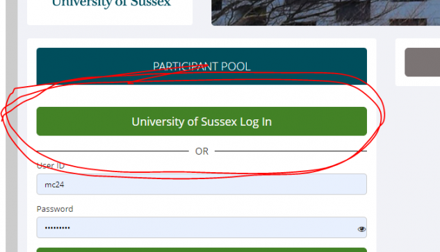 Screeenshot of green button reading "University of Sussex login"