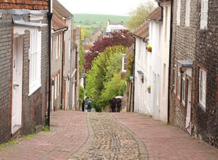 A cobbled street in Lewes, where the White Hart Hotel, one of our University-managed hotels, is located