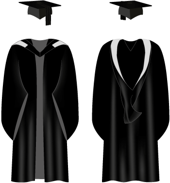 A black University of Sussex graduation gown with light grey hood trim