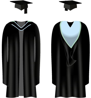 A black Brighton and Sussex Medical School graduation gown with light turquoise on the hood and light green trim. Light turquoise trim on front.