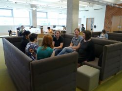 Research Hive sofa chat Researchers and staff in the Research Hive