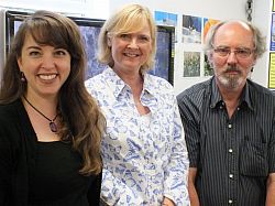 Dr Margaret Couvillon and Professor Francis Ratnieks welcomed broadcaster Martha Kearney (centre) to the Laboratory of Apiculture & Social Insects (LASI), where she was filming for a BBC TV series on beekeeping.
