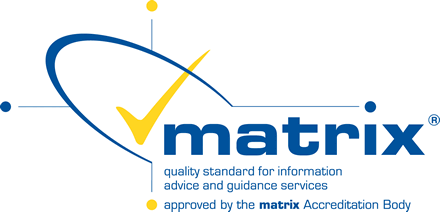 logo for matrix. Text: quality standard for information, advice and guidance services. Approved by the matrix accreditation body.