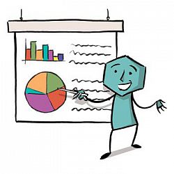 Cartoon illustration. blue character pointing at a pie chart on a board.