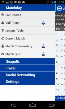 A screen shot of the digitalStadium app, showing the match day menu