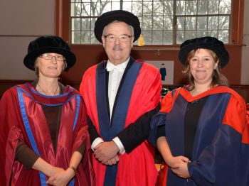 A photo of Professor Jennifer Rusted and Professor Louise Serpell with Michael Chowen