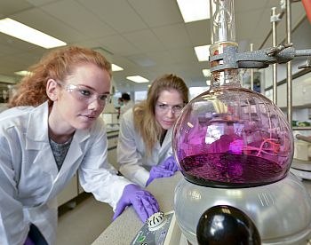 A photo of students looking at a glass test tube full of purple bubbling liquid