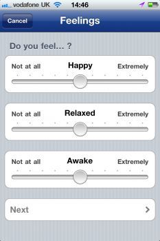 The Mappiness smartphone app sporadically asks users questions such as how they are feeling