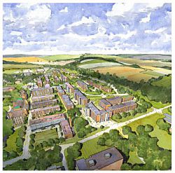 An aerial view of the new campus village from the south. Architect’s impression: TP Bennett/Balfour Beatty