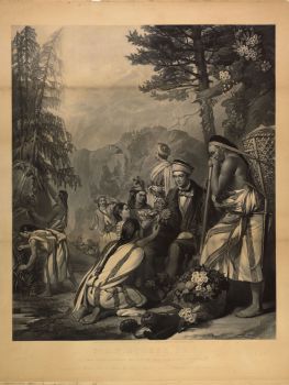 Dr Hooker in the Rhododendron Region of the Himalayas, after a painting by Frank Stone, 1854. Mezzotint. Private collection. Portrait of Dr Hooker in Sikkim with Lepcha collectors, Nepalese guards and Gurkha sepoys, in a pine forest at 9000 feet with Kanc