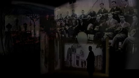 Images of pre-war Jewish life projected onto the inside walls of Block 27 at Auschwitz I. Digital collage.