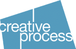 Image of Creative Process Digital Logo. White text on blue geometric shape.