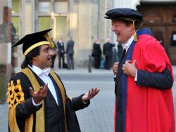 Sanjeev Bhaskar, Sussex's Chancellor, talks with Stephen Fry at the 2011 Winter Graduation ceremonies at which Mr Fry was awarded an honorary degree