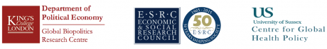 Logo of the sponsors: ESRC, University of Sussex Centre for Global Health Policy, King's College London,