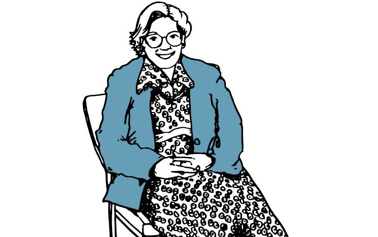 Line drawing of Ilse Eton, Legacy donor, seated in chair wearing glasses and a blue jacket