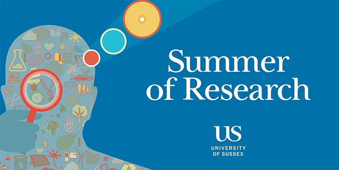 Summer of Research illustration banner showing a person made up of symbols showing the breadth of research at Sussex.