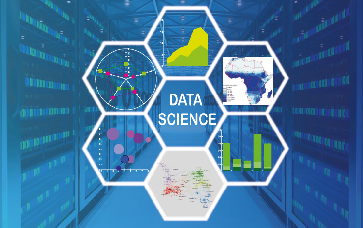 Abstract collage depicting data science concepts