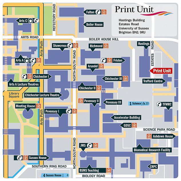 Map showing campus location of the Print Unit