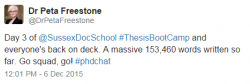 Screenshot of tweet from Thesis Boot Camp - Peta Freestone
