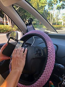 Photo of a women's hands holding a mobile phone resting on the steering wheel of a taxi. The wheel has a pink cover on it. Outside the car it is a bright sunny day with trees lining the street.