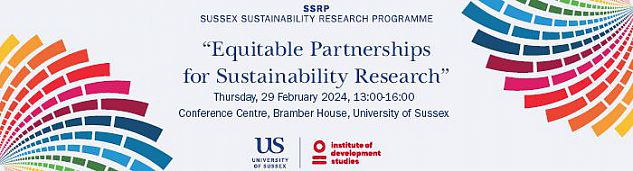 SSPR banner with SDG-coloured sprays and event details in the centre, promoting the upcoming Equitable Partnerships 2024 workshop