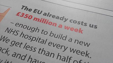 A photo of a flyer where Vote Leave campaigners claim that £350m per week is spent on the EU