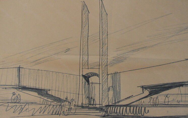 Pen and ink drawing of campus building by Basil Spence