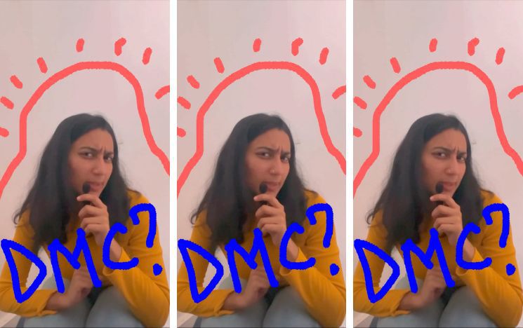 Three identical images of Manasi speaking to the camera surrounded by a drawn red line and the text DMC?