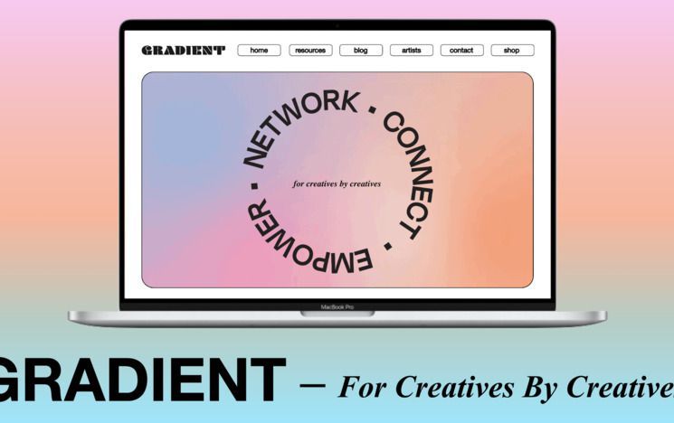 Screenshot of advert for 'Gradient' (student project website) showing laptop with 'Gradient' homepage on it. Text says "Gradient - by creatives for creatives"