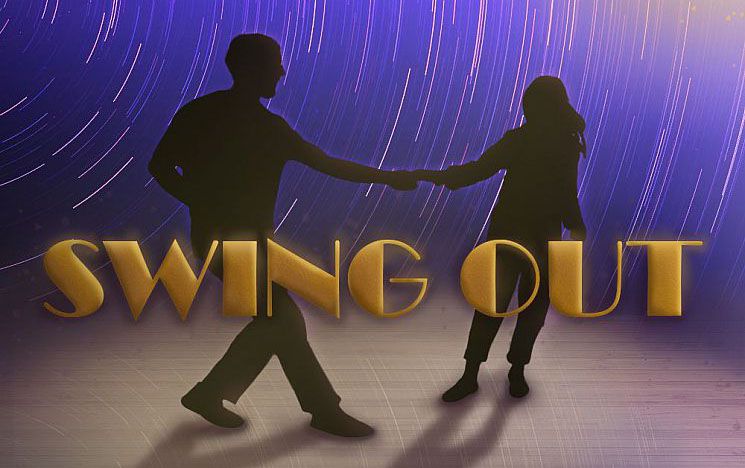 Logo for the film Swing Out. Silhouettes of a man and woman dancing together with a purple backdrop behind them.