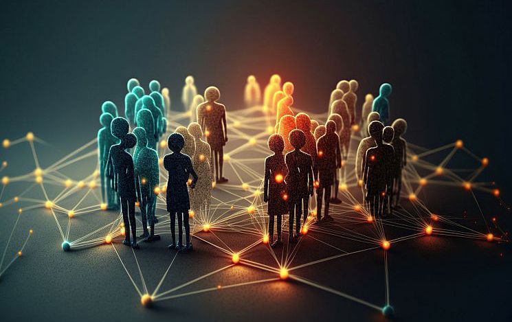 Silhouettes of people connected on a graph