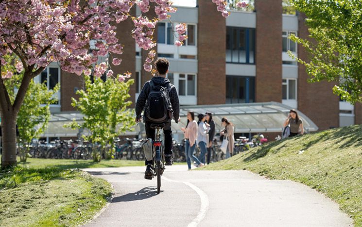 Student cycling through campus