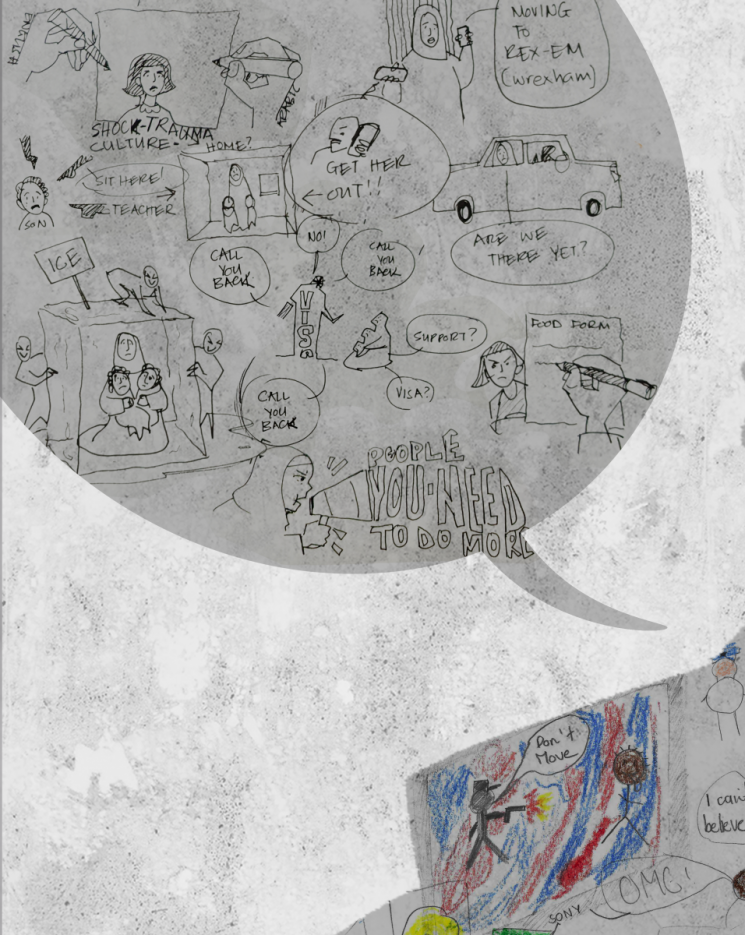 A detail of the collage of drawings made by participants inside a speech bubble. A family frozen in ice, and a woman with a megaphone saying "people you need to do more"