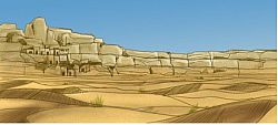 A coloured line drawing of a desert