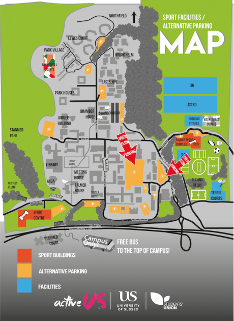A map showing overflow car parks on campus