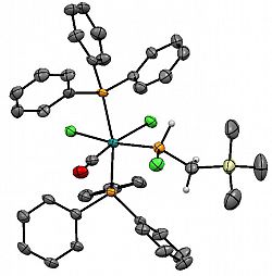 Molecular structure of [Ru{P(H)ClCH2(SiMe3)}Cl2(CO)(PPh3)2]