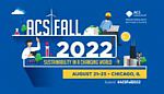 Meeting logo for ACS Fall 2022, Sustainability in a Changing World.  Image shows a stylised chemist in white coat, a construction worker on a laptop against a skyline of chicago with a wind turbine