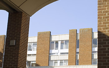 A view of an Arts building, framed within the famed arches of the University of Sussex