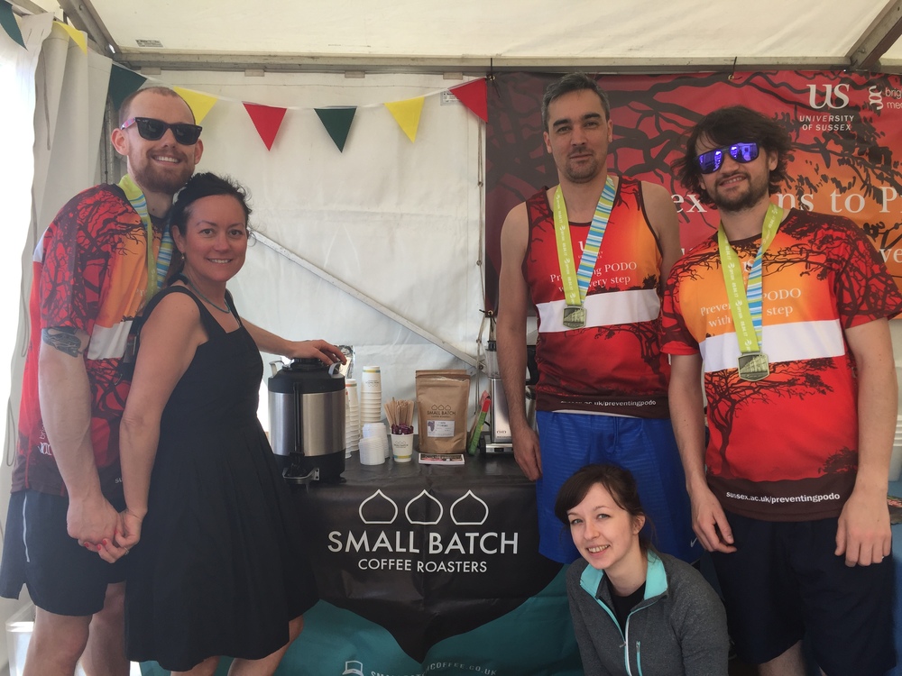 A photo of the team from Small Batch in the Preventing Podo tent at the Brighton Marathon 2017 charity village, including 10K runners Aaron Green, Nick Barlow and Alan Tomlins and two baristas