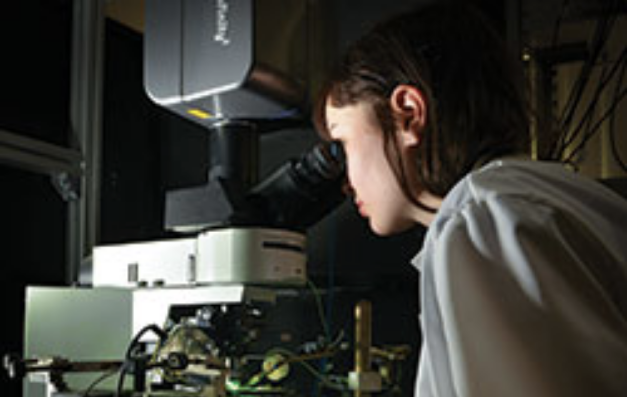 A researcher looking through a microscope at the University of Sussex