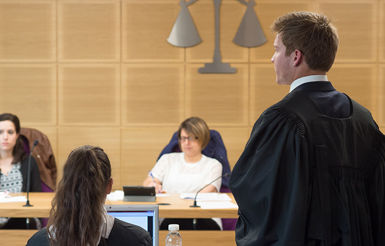 Lawyers at a mock trial in a mock court room at the University of Sussex