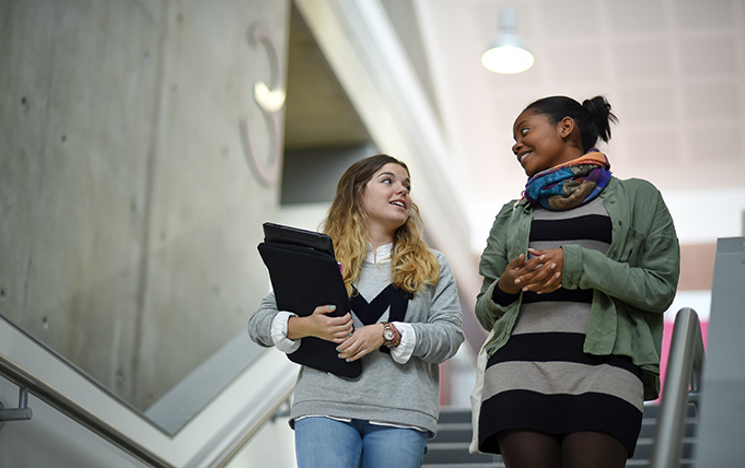 Two students walking down a flight of stairs chatting