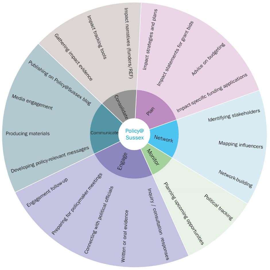 Diagram showing elements of effective policy impact and influence