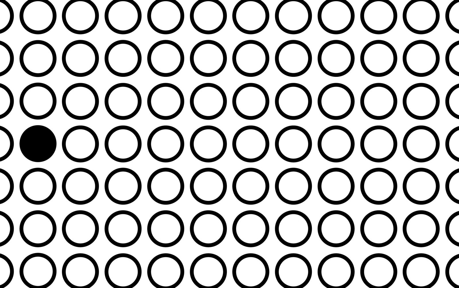 A series of white dots and, between them, a single black dot