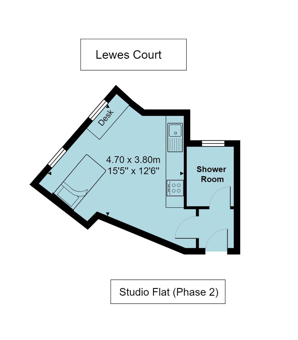 Lewes Court studio room floorplan, which is 4.7 metres by 3.8 meteres (or 15 foot 5 inches by 12 foot 6 inches)