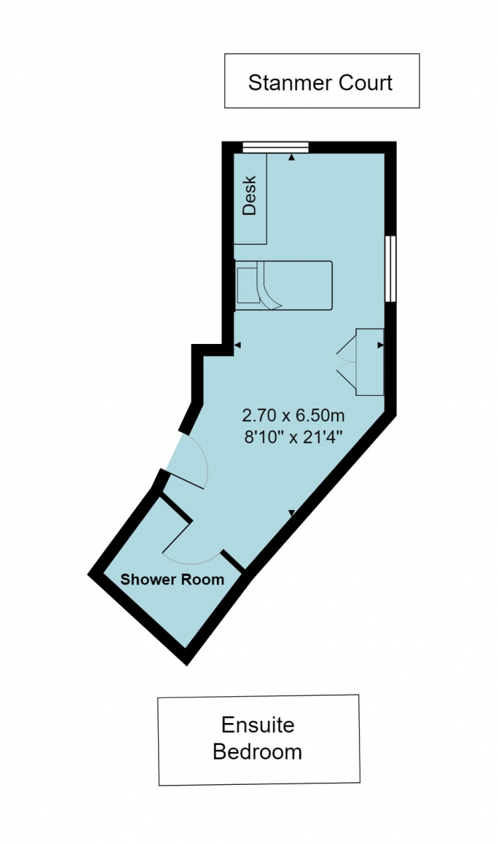Stanmer Court en-suite room floorplan, which is 2.7 metres by 6.5 metres (or 8 foot 10 inches by 21 foot 4 inches)