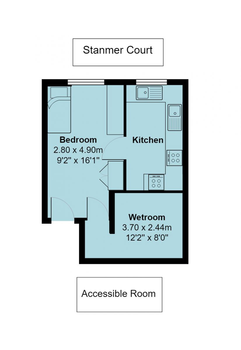 Stanmer Court accessible room floorplan. The bedroom is 2.8 metres by 4.9 metres (or 9 foot 2 inches by 16 foot 1 inch). The wetroom is 3.7 metres by 2.44 metres (or 12 foot 2 inches by 8 foot).